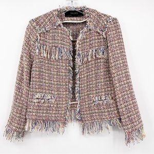 ZARA Rainbow Sherbet Tweed Fringe Jacket
